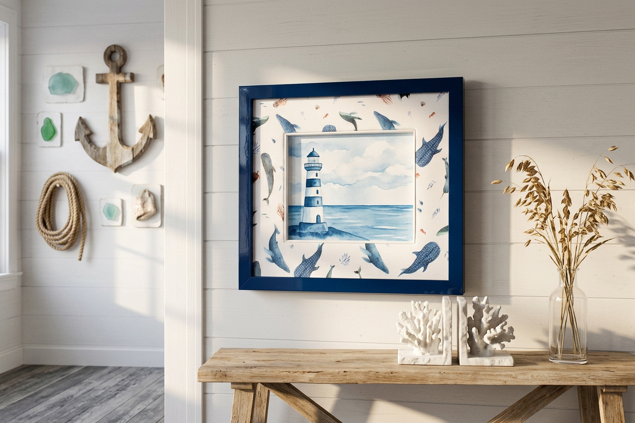 Cornice in legno blu con motivo a balene e passepartout in tessuto di cotone - Ranin Cornici